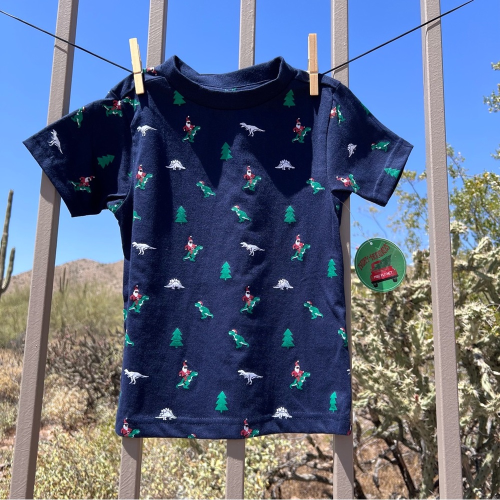 ⬇️💲Free Planet NWT Kid’s Shirt 3T Dress Blue W/Santa On Dinosaurs, Trees & Dinos